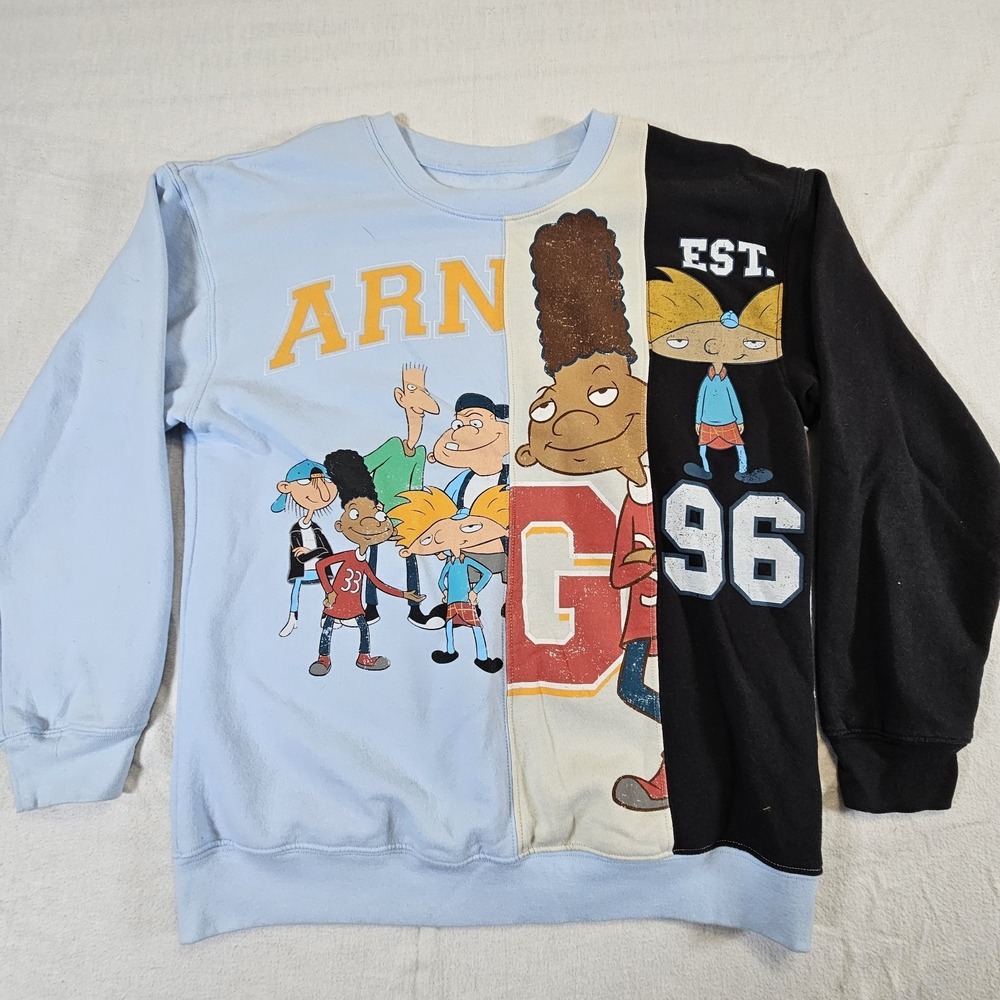 Nickelodeon Hey Arnold! Sweatshirt UNISEX L Color Block Split Graphic Blue Black